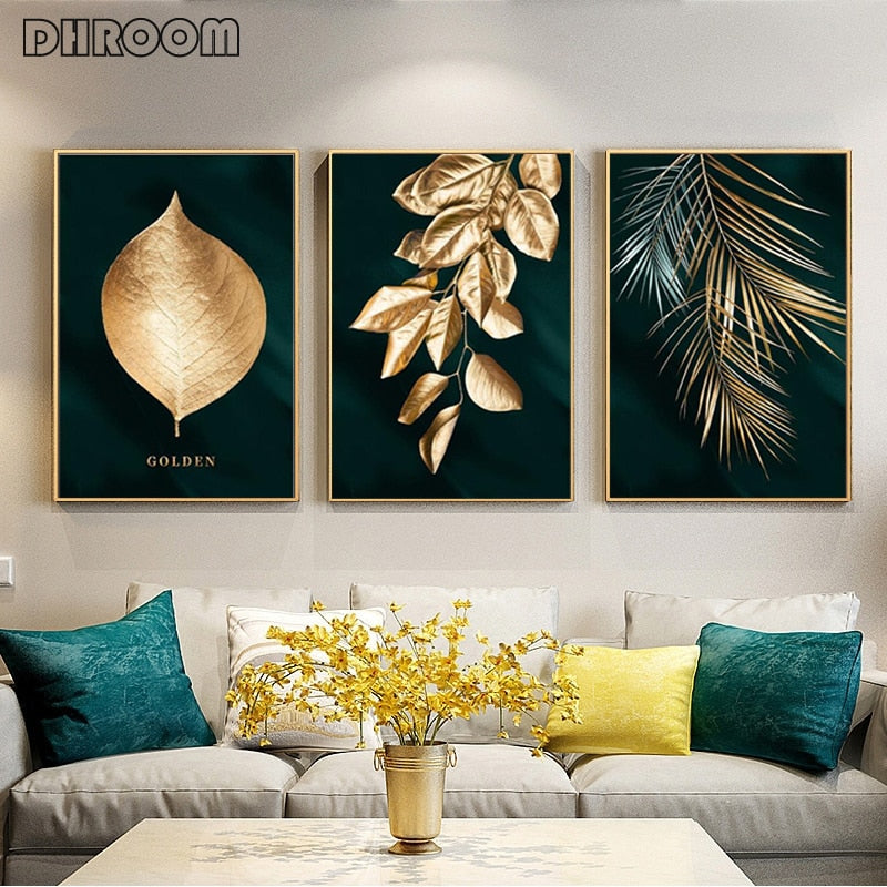 Abstract Golden Plant Leaves Wall Art