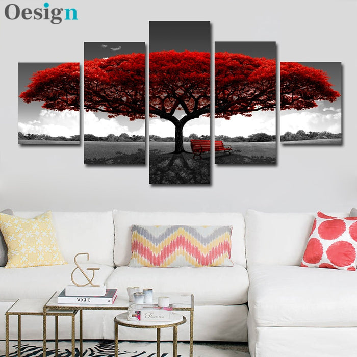 5 Panels Abstract Red Tree Oil Paintings