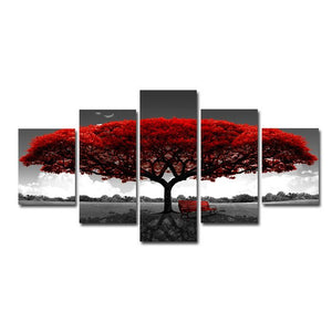 5 Panels Abstract Red Tree Oil Paintings