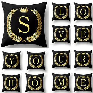 Black Golden Crown Letter Cushion Cover